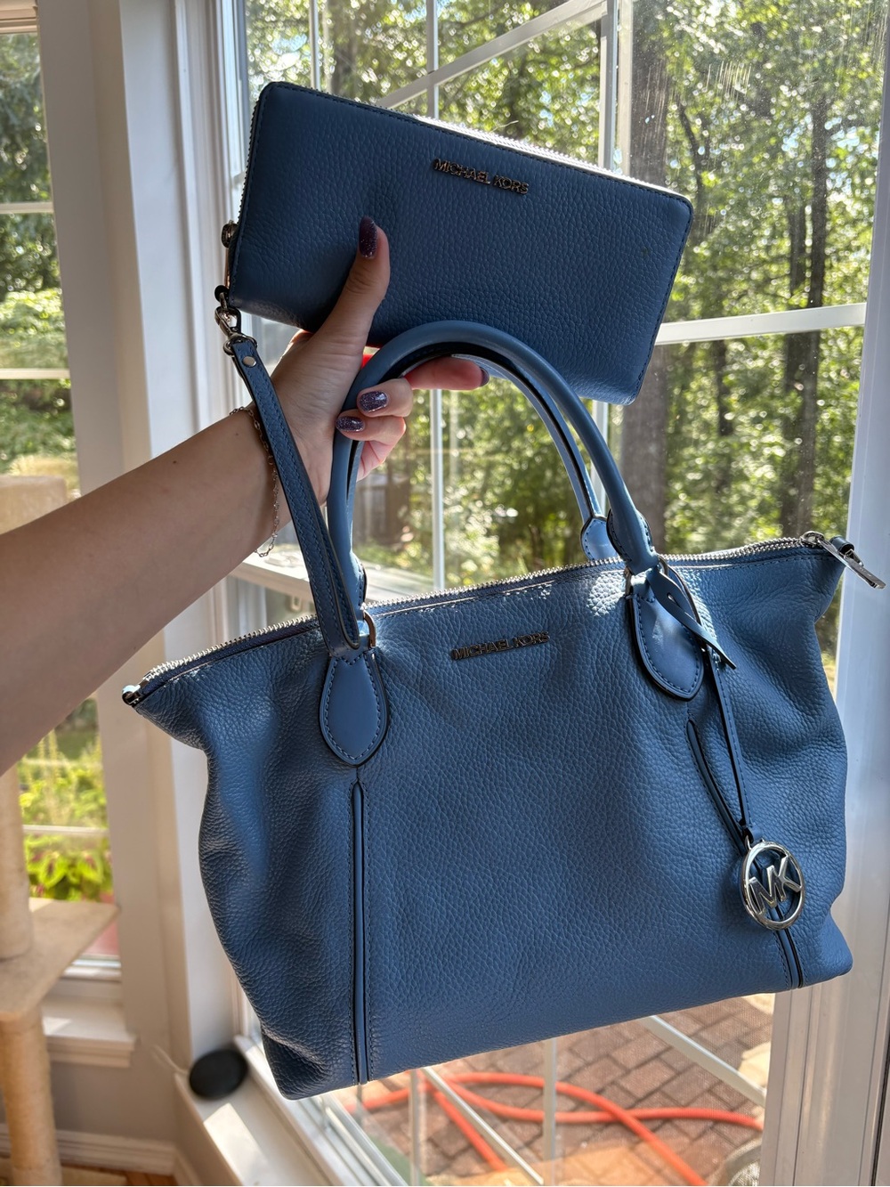 Michael Kors Lenox Large Blue Pebbled Leather Tote with Matching Zip Wallet